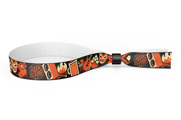 A fabric wristband featuring vibrant orange illustrations and the "Beer BBQ" logo image.