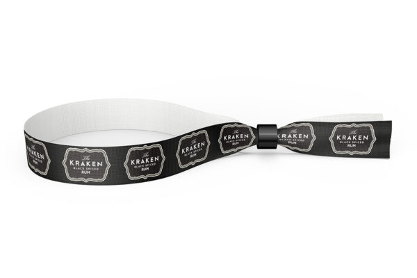 A black and white eco-friendly fabric wristband with the "Kraken" logo image.