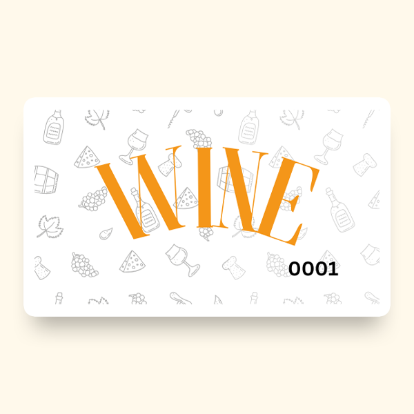 A pre-designed ticket with the phrase 'Wine' on a white background alongside illustrations of wine-related objects.