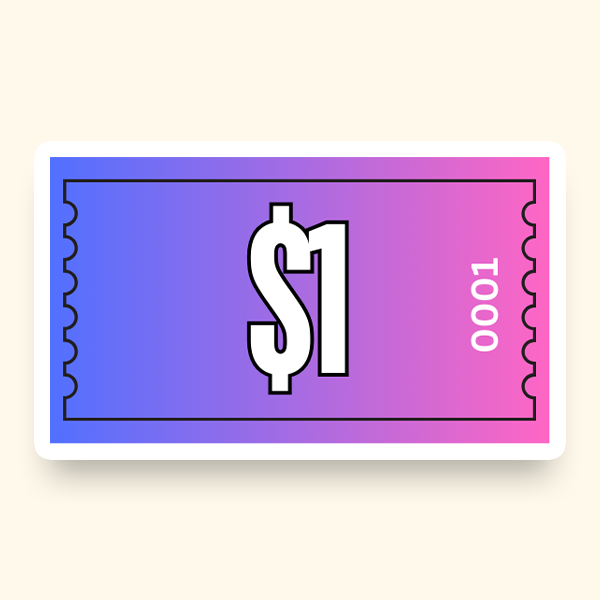 A pink and blue ticket featuring a one-dollar sign, designed for pre-designed ticket books.