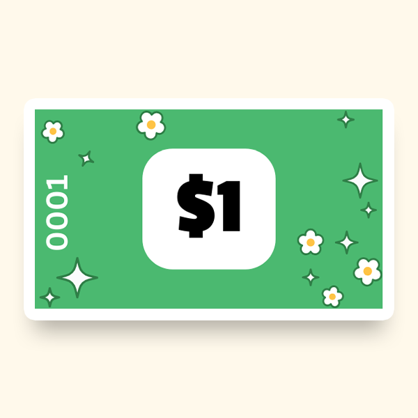 An illustration of a pre-designed ticket featuring white flowers alongside a one-dollar sign.