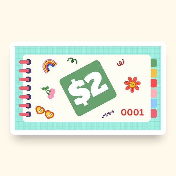 A green and white ticket featuring a two-dollar sign and illustrations of a rainbow, sunflower, cherries and heart glasses.