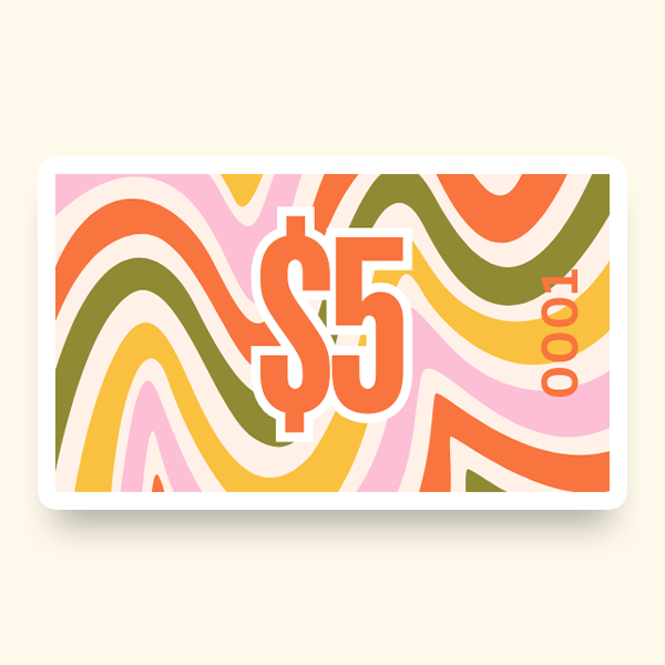 An illustration of a colourful background featuring a five-dollar sign on a pre-designed ticket.