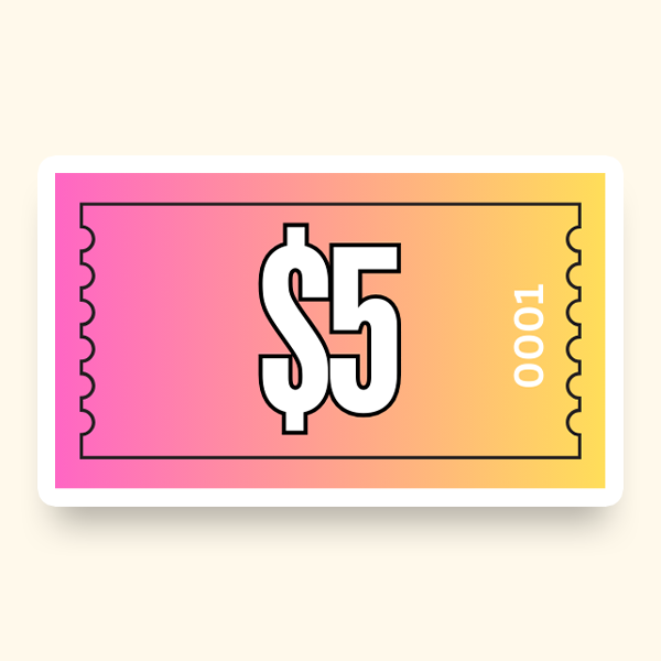 A pink and yellow ticket featuring the number $5, designed for use in events and raffles.