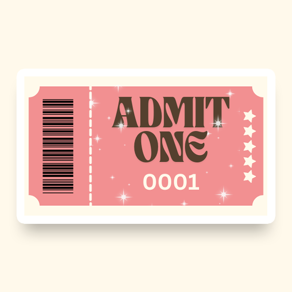 A pink pre-designed ticket that says "Admit One" featuring a barcode, ideal for events and raffles.