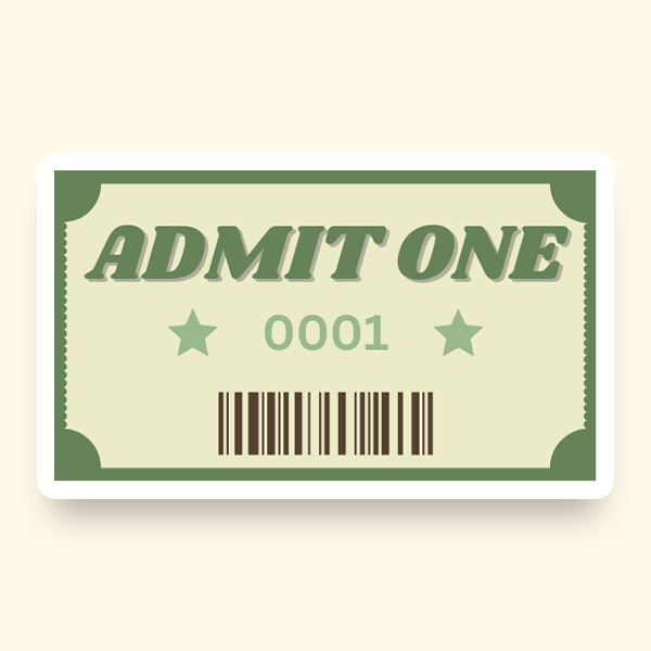 A green and white ticket featuring a barcode and the words "Admit One", designed for events and raffles.
