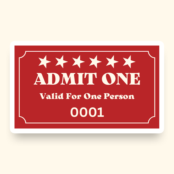 A red admit ticket featuring stars, and the words "Admit One", "Valid for One Person" designed for events and raffles.