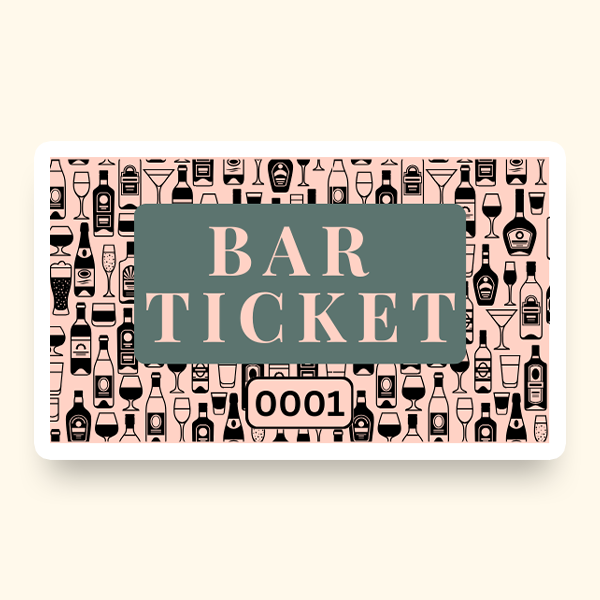 A pre-designed ticket with the words "Bar Ticket" featuring a pattern of various bottles and glasses.