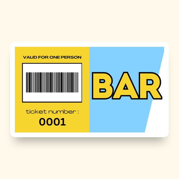 A ticket featuring the word "Bar" and ticket number "0001" displayed prominently on it on a yellow and blue background.