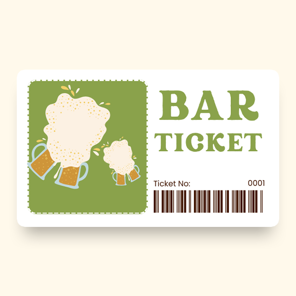 A pre-designed ticket with the workds "Bar Ticket" featuring an illustration of cheering beer mugs.