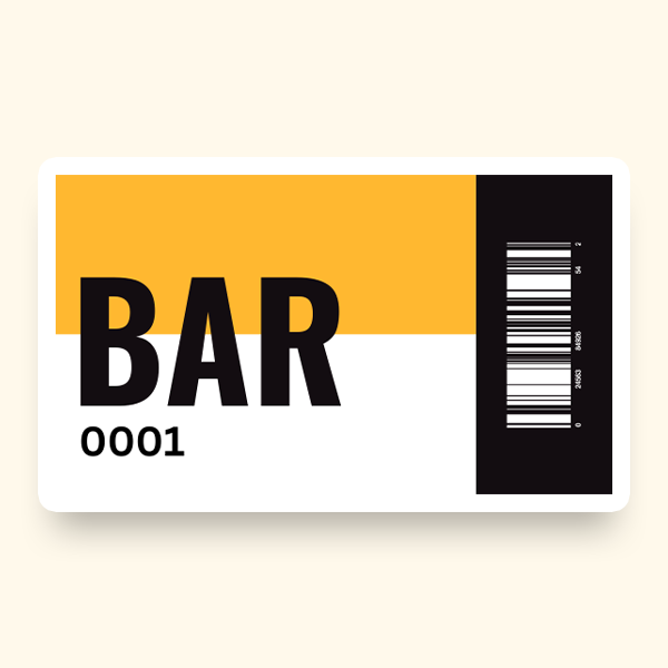 A ticket featuring a barcode on the side and the word "Bar" printed on a yellow, white and black background.