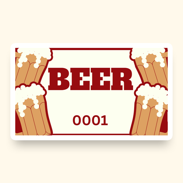 A ticket featuring illustrations of beer mugs, with the word "Beer" on it.