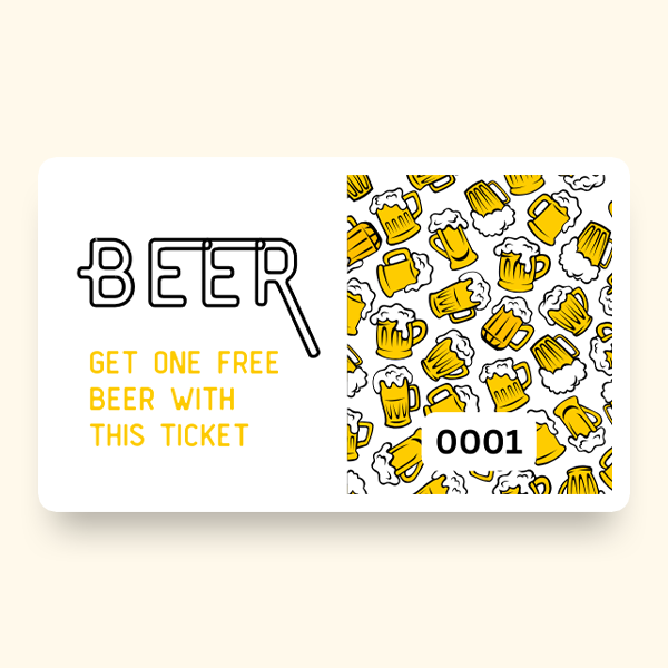 A pre-designed beer ticket featuring a pattern of beer mugs and the text "Beer - Get One Free Beer With This Ticket".