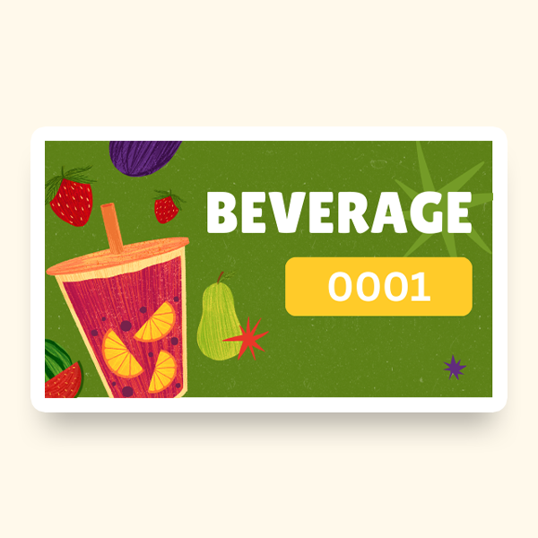 A ticket with the word "Beverage" on a green background with an illustration of a fruity drink.
