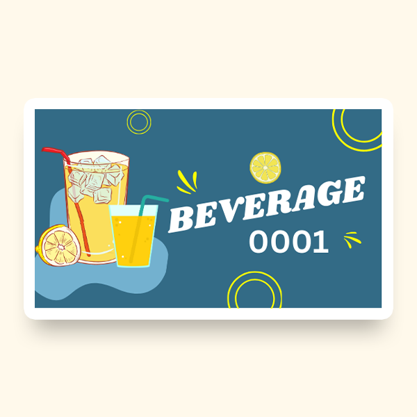 An illustration of summer cocktail drinks alongside the word "Beverage" illustrated on a pre-designed ticket.