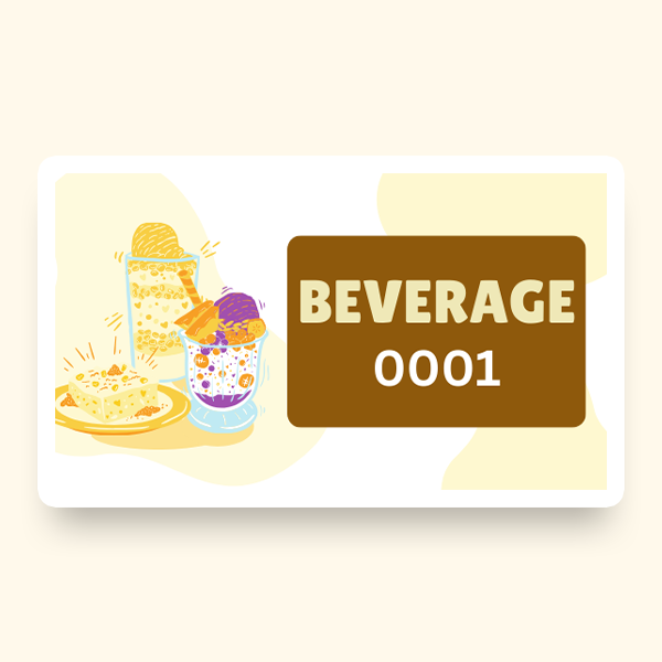 A pre-designed ticket stating "Beverage" placed beside an illustration of a plate of food and fruity drinks.