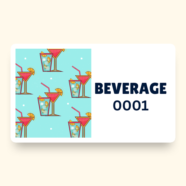 A pattern of cocktail glasses garnished with orange slices alongside the word "Beverage" illustrated on a pre-designed ticket.