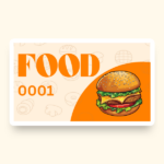 A ticket with a sign that says "Food" and displays the number 0001, on a background with an illustration of a burger.