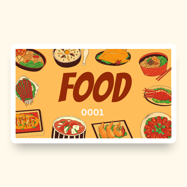 A pre-designed ticket on an orange background featuring illustrations of plates of food.