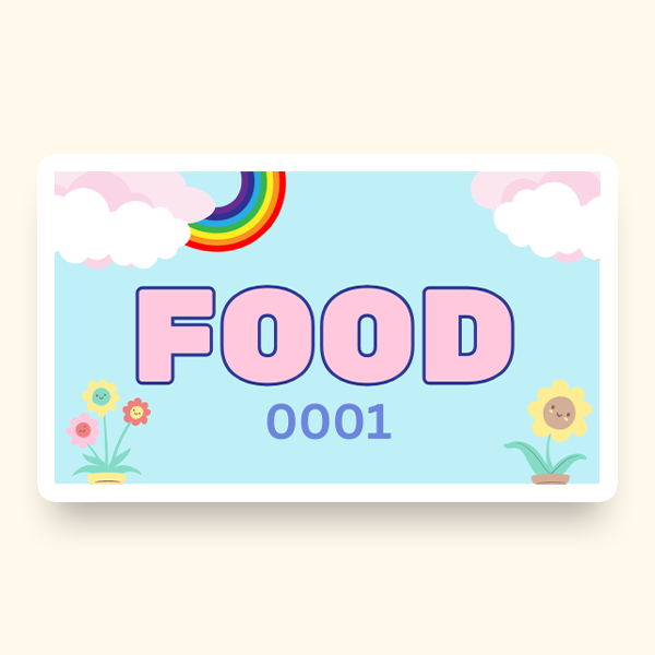 A ticket displaying the word "Food" with illustrations of a rainbow, sunflowers and clouds on a blue background.