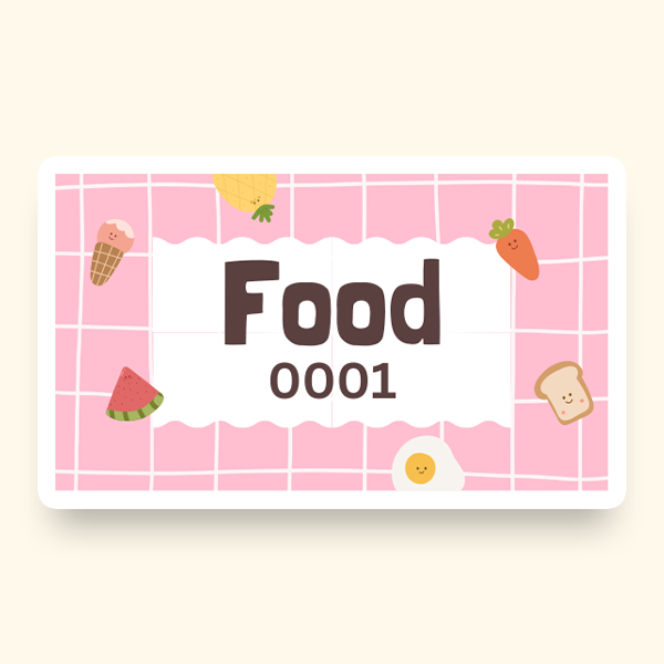 A pink ticket with a sign that says "Food" and displays the ticket number 0001 alongside illustrations of a picnic mat and food items.