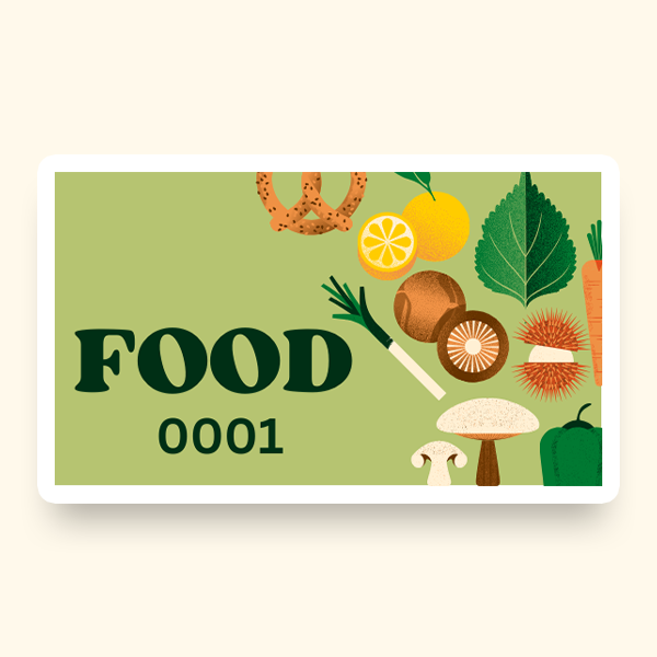 A ticket with a sign that says "Food" and displays the ticket number 0001, on a background that contains various food objects