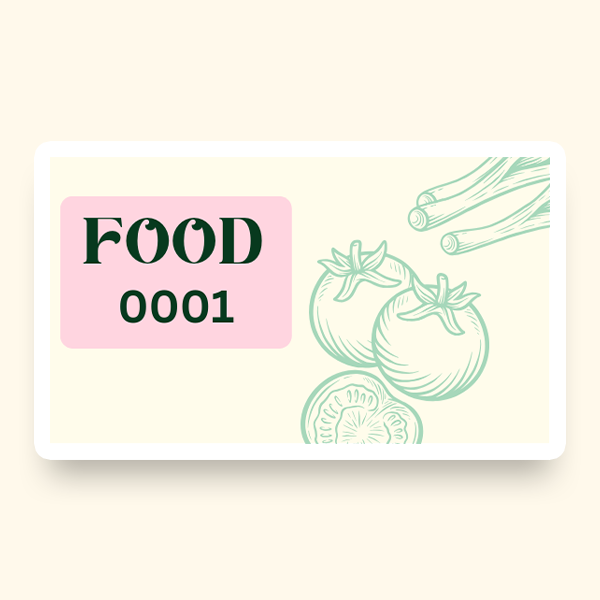 A pre-designed ticket with an off-white background and the word "Food" alongside illustrations of fruits and vegetables.