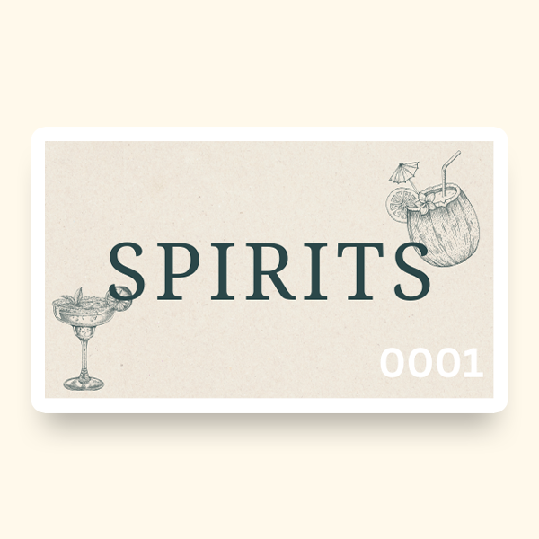 An illustration of two cocktail glasses with the word "Spirits" printed on a pre-designed ticket.