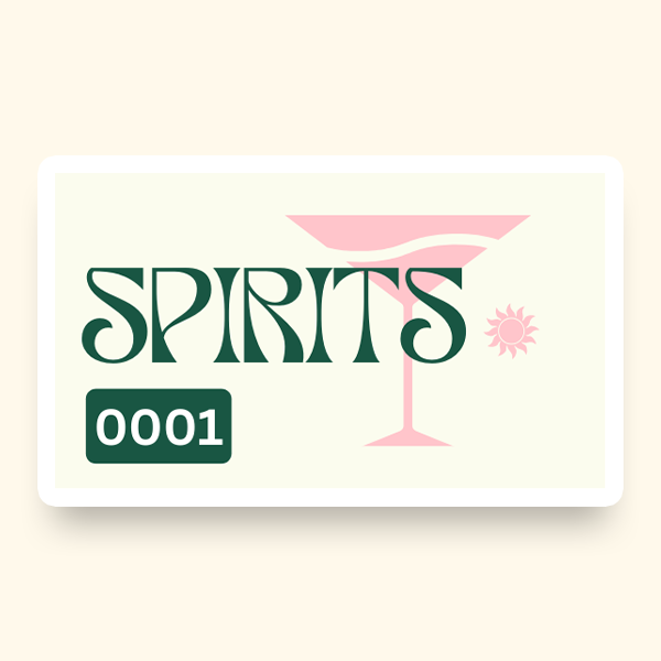 An illustration featuring the word "Spirits" in green next to a pink martini glass, on an off white background.