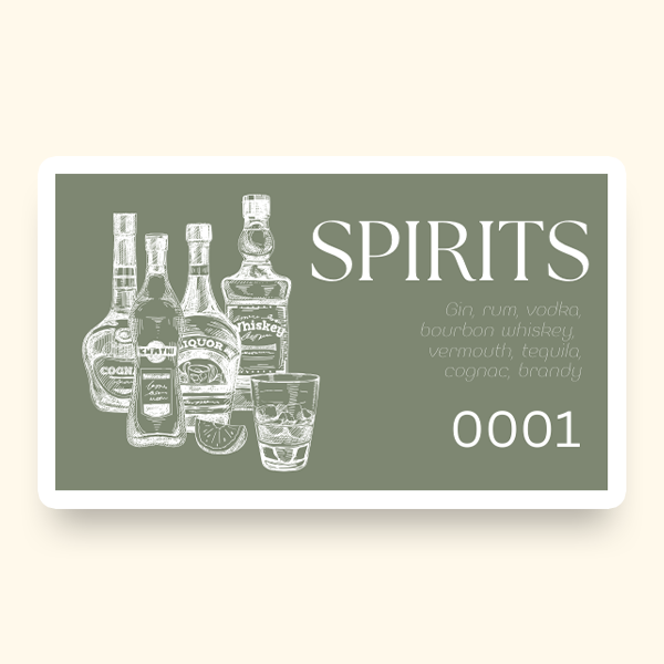 A ticket featuring an illustration bottle of spirits alongside a glass of liquor and the word "Spirits".