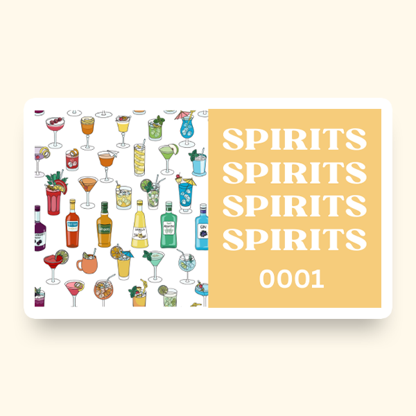 An illustration of a variety of spirits in bottles and glasses on a pre-designed ticket featuring the word "Spirits" repeated in a pattern.