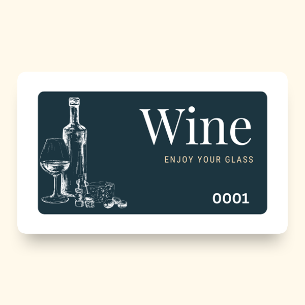 A bottle of wine alongside a glass of wine displayed on a pre-designed ticket that says "Wine" and "Enjoy your Glass".