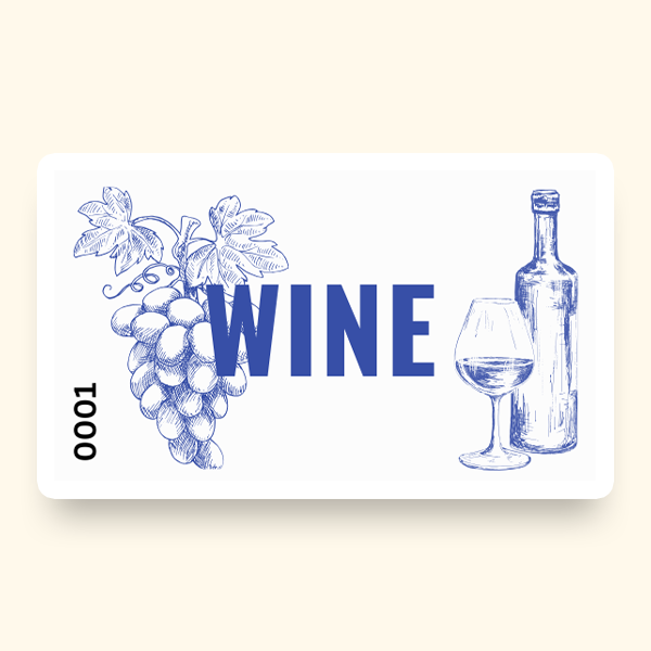 Illustrations of a bottle of wine alongside a glass filled with wine and a cluster of grapes on a pre-designed ticket.