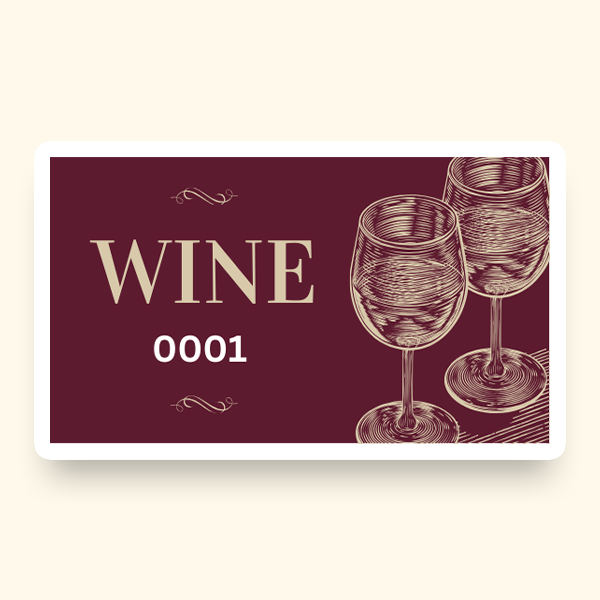 A pre-designed ticket with a burgundy background featuring illustrations of two glasses of wine and the word "Wine" in off-white.
