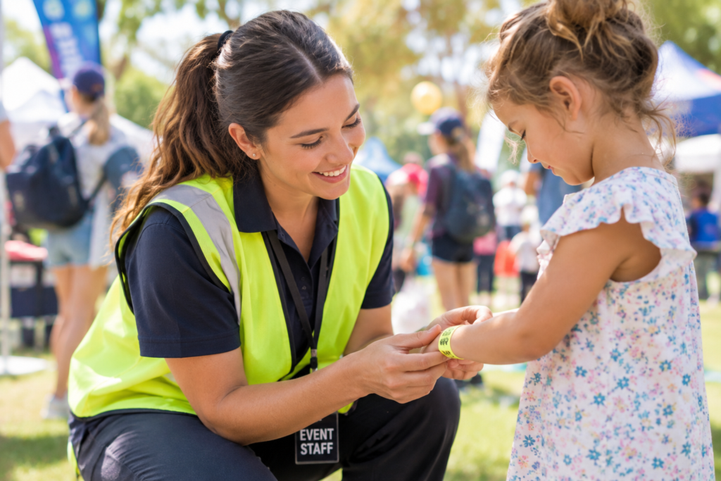 Event staff member checking a child's emergency contact wristband at a public event