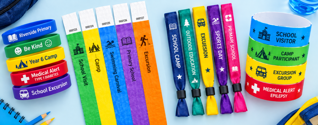 Different types of customisable wristbands for schools